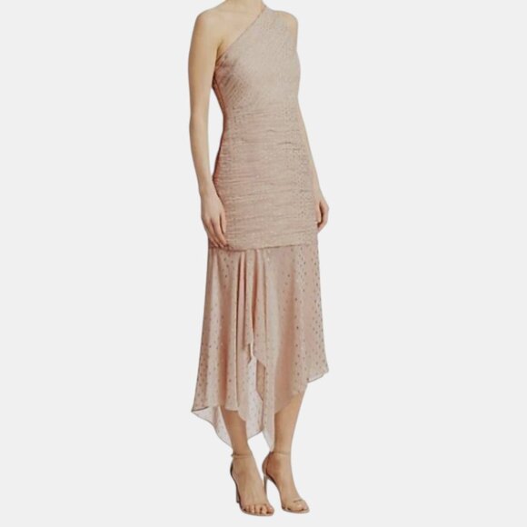 HALSTON One Shoulder Pleated Metallic Chiffon Dress, Champagne Gold, 8 - Picture 3 of 7
